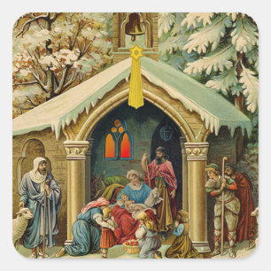 Vintage-Weihnachtskrippen-Square-Aufkleber Quadratischer Aufkleber