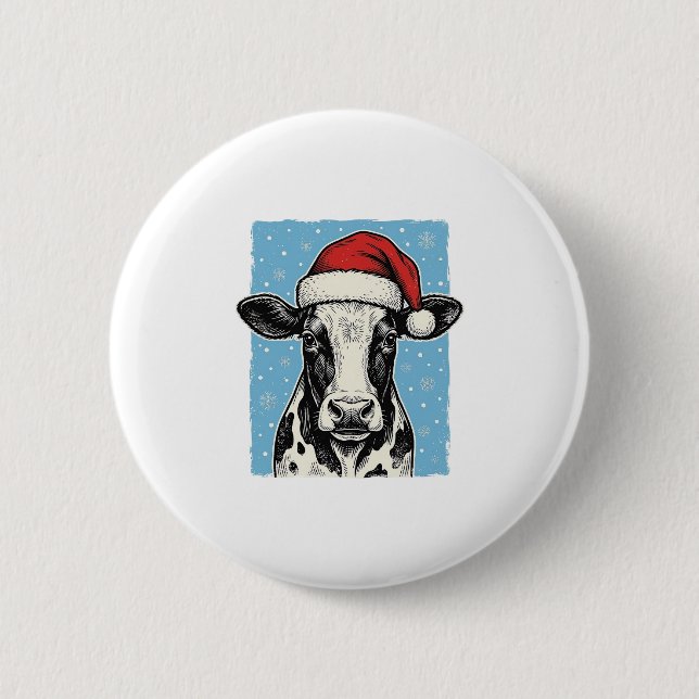 Vintage-Weihnachtskuh-Santa-Hut-Vektordesign_1 Button (Vorderseite)
