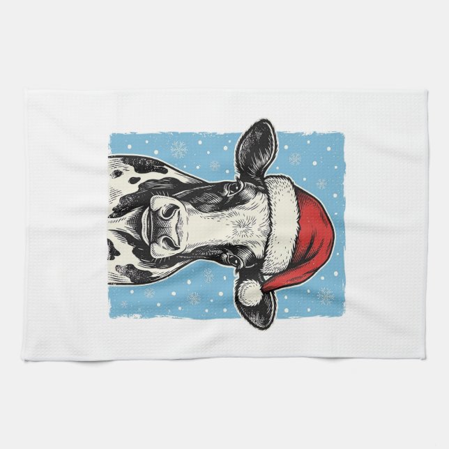 Vintage-Weihnachtskuh-Santa-Hut-Vektordesign_1 Geschirrtuch (Horizontal)