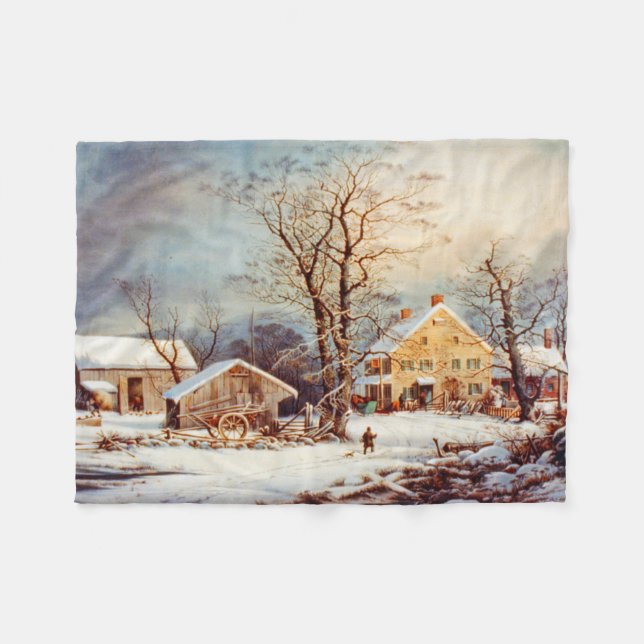Vintage Weihnachtslandschaft im Winter Fleecedecke (Vorderseite (Horizontal))
