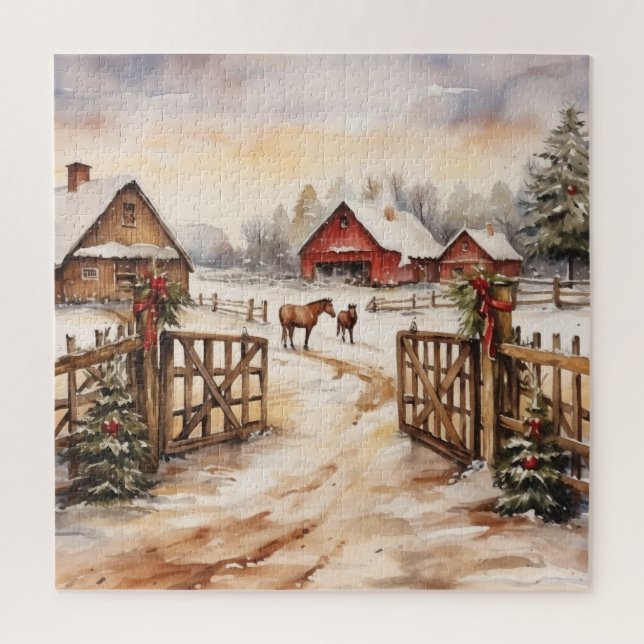 Vintage Weihnachtslandschaft mit Pferden Puzzle (Vertikal)