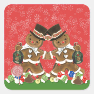 Vintage Weihnachtslebkuchen-Männer Hüte u. Bottl Quadratischer Aufkleber
