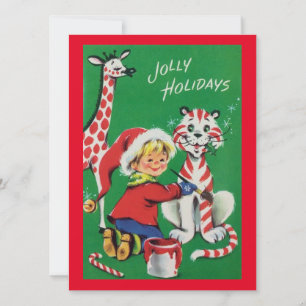Vintage-Weihnachtsmädchen malt Zoo-Tiere Feiertagskarte