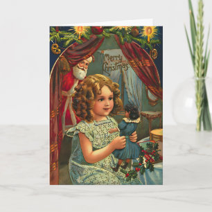 Vintage-Weihnachtsmädchen mit Puppe und personalis Karte