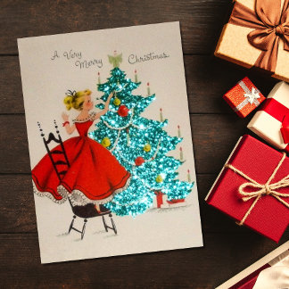 Vintage-Weihnachtsmädchen schmückt Baum Feiertagskarte