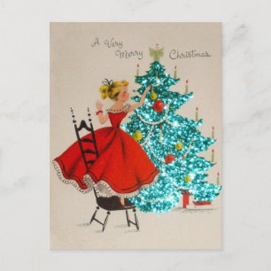 Vintage-Weihnachtsmädchen schmückt Baum Feiertagspostkarte