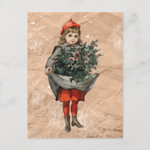 Vintage-Weihnachtsmädchen & Stechpalmen-Beeren Dis Feiertagspostkarte