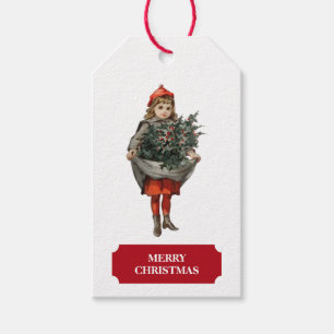 Vintage-Weihnachtsmädchen und Stechpalmenfrüchte F Geschenkanhänger