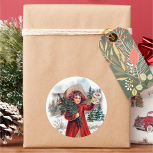 vintage Weihnachtsmädchen Urlaub Runder Aufkleber