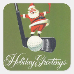 Vintage-Weihnachtsmann auf Golfschläger Quadratischer Aufkleber