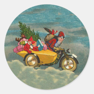 Vintage Weihnachtsmann auf Motorrad rund GROSS Runder Aufkleber
