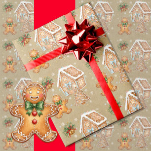 Vintage-Weihnachtsmann aus Lebkuchen, Haus, Baum,  Geschenkpapier