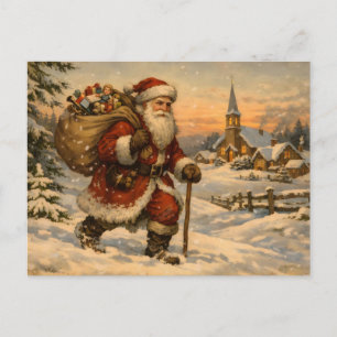 Vintage Weihnachtsmann beim Spaziergang im Schnee Feiertagspostkarte