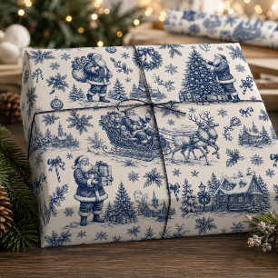 Vintage-Weihnachtsmann-Christmas-Toile-Navy-&-Elfe Geschenkpapier
