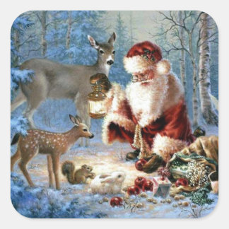 Vintage Weihnachtsmann füttert Tiere Quadratischer Aufkleber