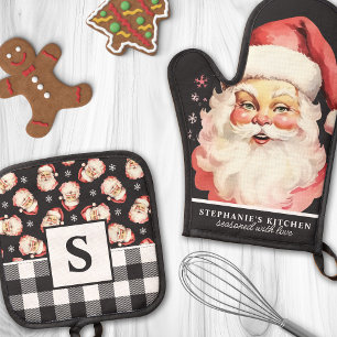 Vintage-Weihnachtsmann-Gesicht Schwarz Gingham Mon Ofenhandschuh & Topflappen-Set