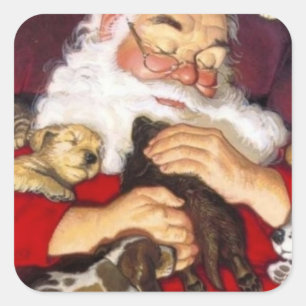 Vintage Weihnachtsmann hält Welpen Quadratischer Aufkleber