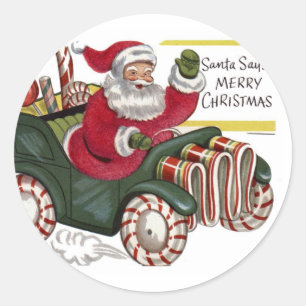 Vintage-Weihnachtsmann-im-Auto-Weihnachtssticker Runder Aufkleber