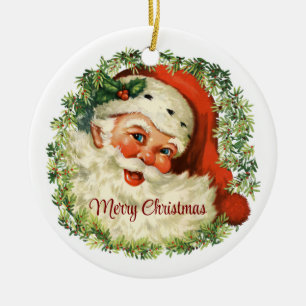 Vintage-Weihnachtsmann-im-Kranz-Ornament Keramik Ornament