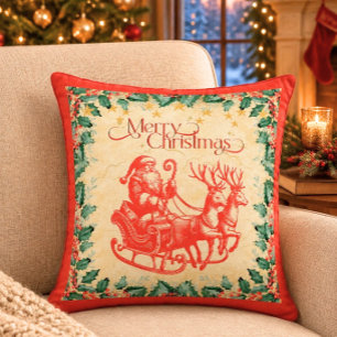 Vintage Weihnachtsmann im Schlitten auf Rot Kissen