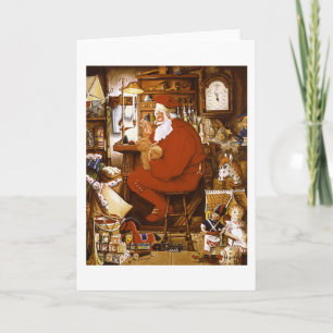 Vintage-Weihnachtsmann-in-der-Werkstatt-Karte Feiertagskarte