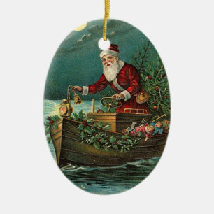 Vintage Weihnachtsmann in einem Boot Keramikornament