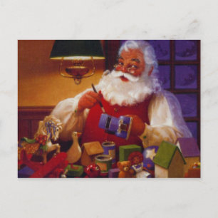 Vintage-Weihnachtsmann in seiner Werkstatt Feiertagspostkarte