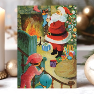 Vintage Weihnachtsmann Kamin Kinder auf der Treppe Feiertagskarte
