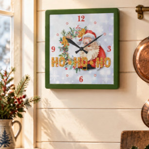 Vintage Weihnachtsmann & Lebkuchen Ho-Ho-Ho Quadratische Wanduhr