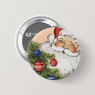 Vintage-Weihnachtsmann mit Baumschmuck Button