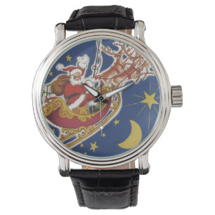 Vintage-Weihnachtsmann mit fliegenden Rentieren Armbanduhr