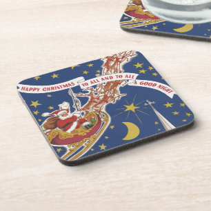 Vintage-Weihnachtsmann mit fliegenden Rentieren Getränkeuntersetzer