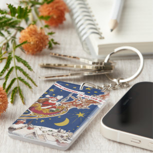 Vintage-Weihnachtsmann mit fliegenden Rentieren Schlüsselanhänger