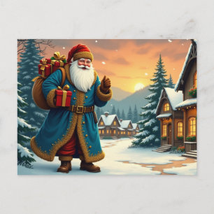 Vintage Weihnachtsmann mit Geschenken besucht Dorf Feiertagspostkarte