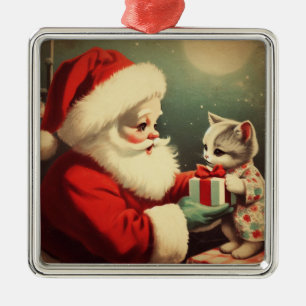 Vintage Weihnachtsmann mit Kätzchen Retro Weihnach Ornament Aus Metall