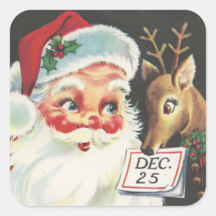 Vintage Weihnachtsmann mit Rentieren am 25. Quadratischer Aufkleber