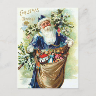 Vintage-Weihnachtsmann mit Weihnachtsbaum und Spie Feiertagspostkarte