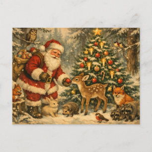 Vintage Weihnachtsmann mit Weihnachtswaldtieren Feiertagspostkarte