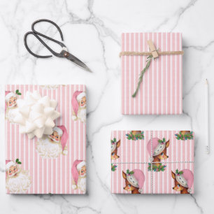 Vintage-Weihnachtsmann & Rentier mit rosa Streifen Geschenkpapier Set