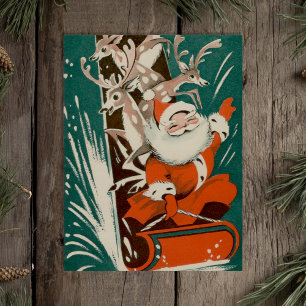 Vintage Weihnachtsmann + Rentiere beim Schlittenfa Postkarte
