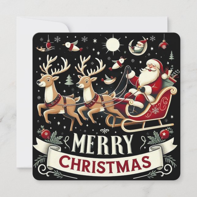 Vintage Weihnachtsmann & Rentiere Sternennacht Wei Einladung (Vorderseite)