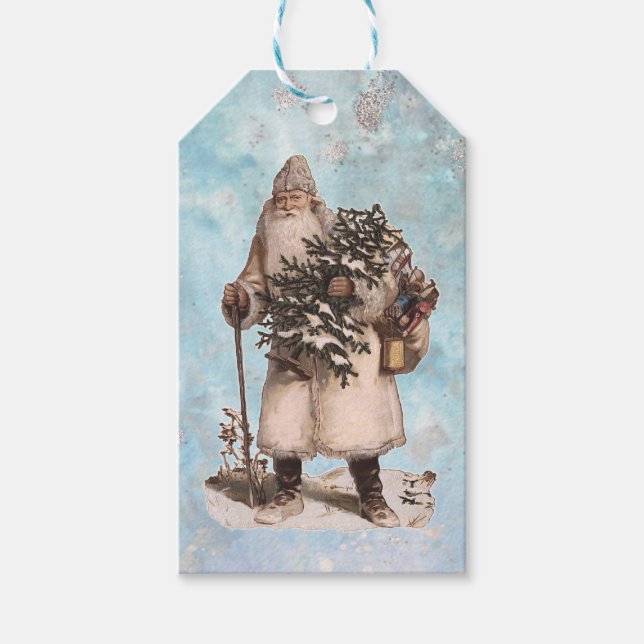 Vintage Weihnachtsmann Santa Silber Schnee fällt Geschenkanhänger (Vorderseite)