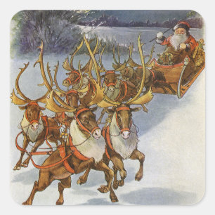 Vintage Weihnachtsmann-Schlitten mit Rentier-Aufkl Quadratischer Aufkleber