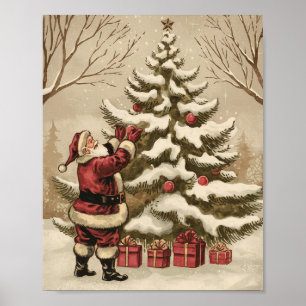 Vintage-Weihnachtsmann schmückt den Weihnachtsbaum Poster