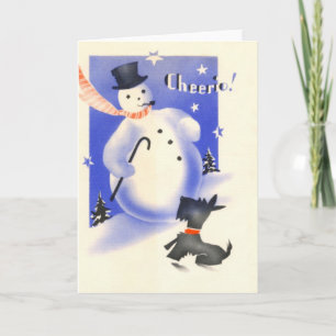 Vintage Weihnachtsmann Schneemann und Scottie-Hund Feiertagskarte