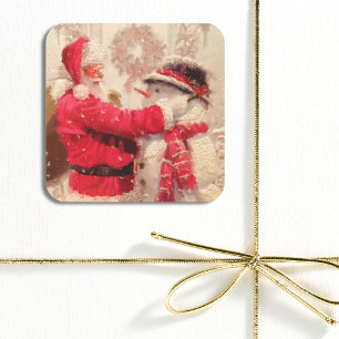 Vintage Weihnachtsmann Schneemann Weihnachten Quadratischer Aufkleber