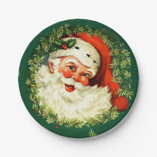 Vintage Weihnachtsmann, Tannen-Kranz, Stechpalme W Pappteller