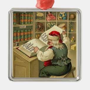 Vintage Weihnachtsmann überprüft seine Liste Silbernes Ornament