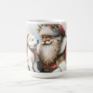 Vintage Weihnachtsmann und Great Pyrenees Welpe Kaffeetasse