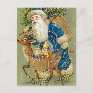 Vintage Weihnachtsmann und Hirsch Weihnachtsfeiert Feiertagspostkarte